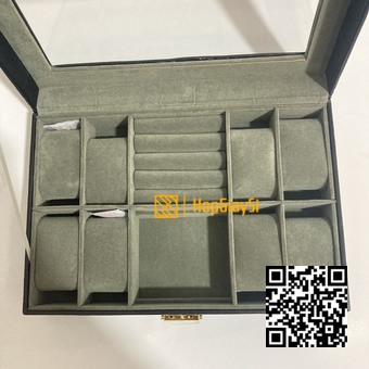 Hộp đựng 8 đồng hồ và trang sức nắp kính, bọc da cao cấp màu đen - xám đậm