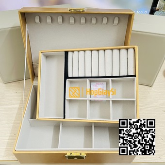 Hộp 2 tầng đựng  trang sức bọc da màu vàng