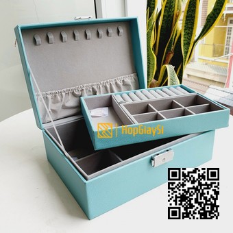 Hộp 2 tầng đựng  trang sức bọc da màu xanh ngọc