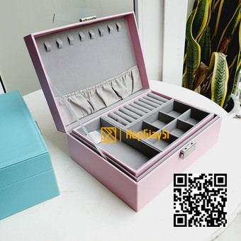 Hộp 2 tầng đựng  trang sức bọc da màu hồng - xám