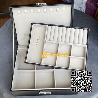 Hộp 2 tầng đựng  trang sức bọc da màu đen nhám