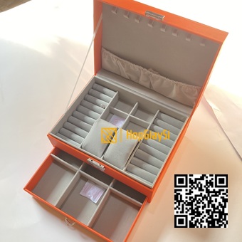 Hộp 2 tầng đựng  trang sức có hộc kéo bọc da màu cam - xám