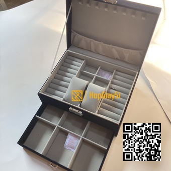Hộp 2 tầng đựng  trang sức có hộc kéo bọc nhung màu xanh dương - xám