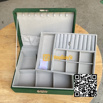 Hộp 2 tầng đựng  trang sức bọc nhung màu xanh lá - xám
