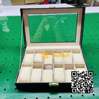 Hộp đựng đồng hồ 12 cái nắp kính, bọc da cao cấp màu đen - kem