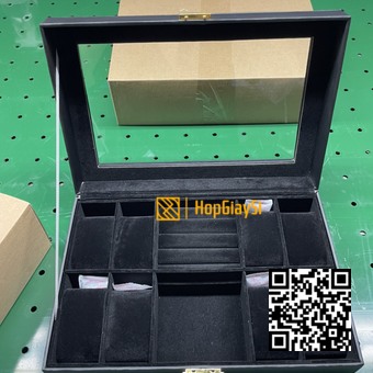 Hộp đựng 8 đồng hồ và trang sức nắp kính, bọc da cao cấp màu đen - đen