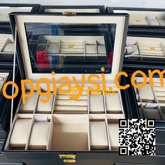 Hộp đựng 8 đồng hồ và trang sức nắp kính, bọc da cao cấp màu đen - kem