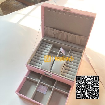 Hộp 2 tầng đựng  trang sức có hộc kéo bọc nhung  màu hồng - xám