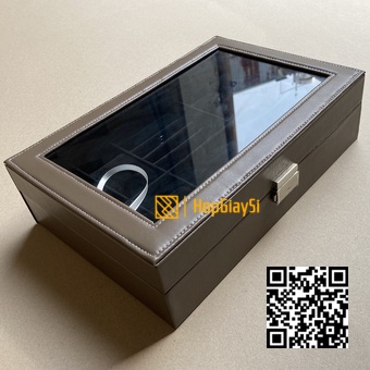 Hộp đựng 8 đồng hồ và trang sức nắp kính, bọc da cao cấp màu nâu - đen