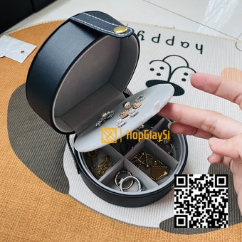 Hộp đựng trang sức hình tròn bọc da màu đen cao cấp