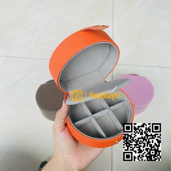 Hộp đựng trang sức hình tròn bọc da màu cam cao cấp