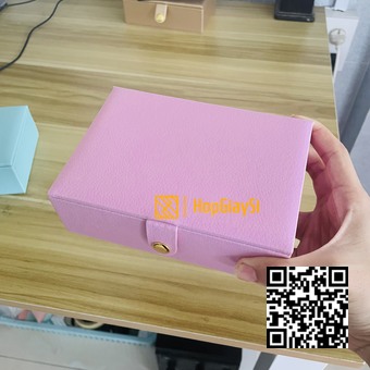 Hộp để trang sức có gương bọc da cao cấp size 15 x 10.5 x 5cm màu hồng 