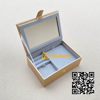 Hộp để trang sức có gương bọc da cao cấp size 15 x 10.5 x 5cm màu vàng