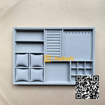(50x35B) Khay Trưng bày ( Có Chia Ô đựng nhiều loại Trang Sức) Size 50 x 35 x 3cm Bọc Nhung Xám