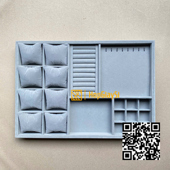 (50x35D) Khay Trưng bày ( Có Chia Ô đựng nhiều loại Trang Sức) Size 50 x 35 x 3cm Bọc Nhung Xám