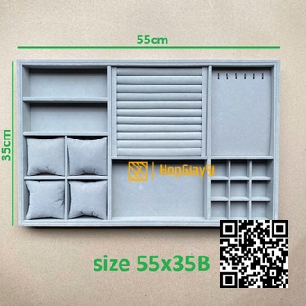 (55x35B) Khay Trưng bày ( Có Chia Ô đựng nhiều loại Trang Sức) Size 55 x 35 x 3cm Bọc Nhung Xám