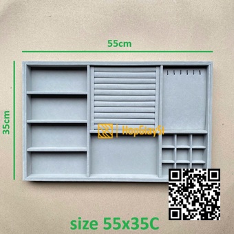 (55x35C) Khay Trưng bày ( Có Chia Ô đựng nhiều loại Trang Sức) Size 55 x 35 x 3cm Bọc Nhung Xám