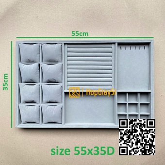 (55x35D) Khay Trưng bày ( Có Chia Ô đựng nhiều loại Trang Sức) Size 55 x 35 x 3cm Bọc Nhung Xám