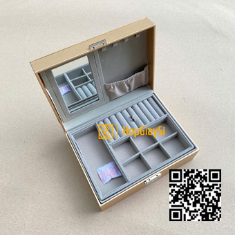 Hộp 2 tầng đựng  trang sức ( có gương ) bọc da màu vàng kim